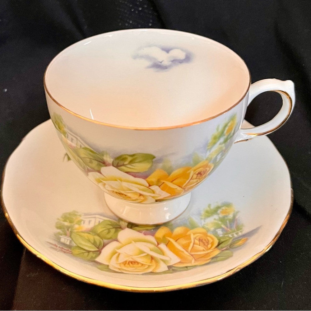 VTG Gainsborough England Fine Bone China Yellow Rose Teacup & Saucer Set Gilded